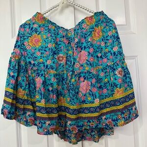 turquoise with pink  floral skirt with elastic waist tie - size large
